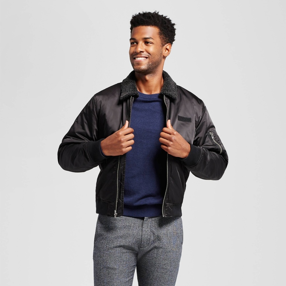Men's Standard Fit Black Sherpa Collar Bomber